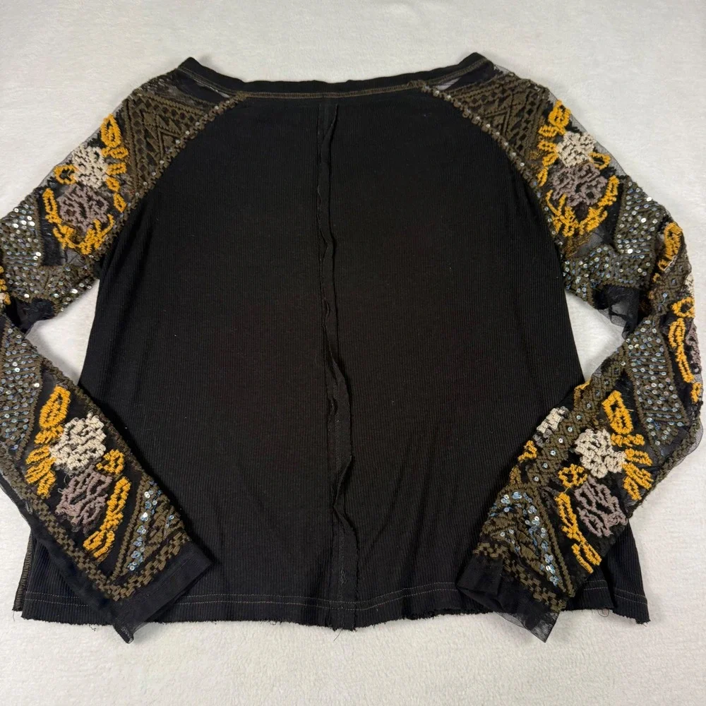 Free People Top Womens Medium Black Cotton Linen Boho Embroidered Sequin Ribbed